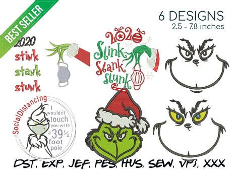 Grinch Face Machine Embroidery Design Christmas Embroidery Etsy