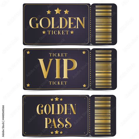 Golden Ticket Set Vip Ticket Golden Pass With Barcode Stock Vector