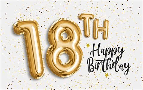 Happy 18th Birthday Gold Foil Balloon Greeting Background Stock Photo