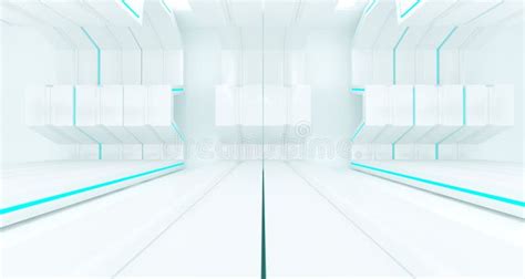 Bright White Empty Sci Fi Futuristic Ship Room With Reflective Stock