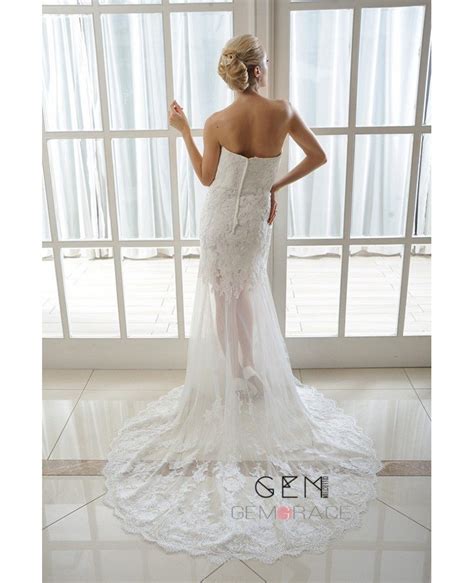 beach high low wedding dresses tulle long train sheath strapless style with appliques lace
