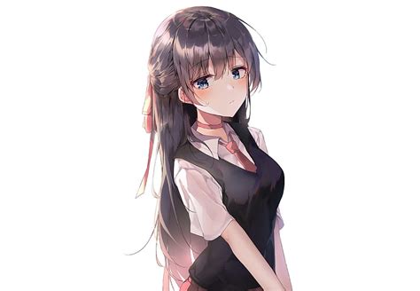 Beautiful Anime Girl Long Hair School Uniform Neck Tie Blushes