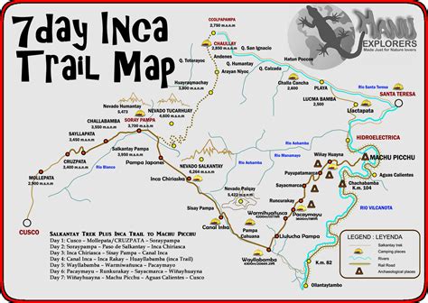 Inca Trail Map Hiking Trekking Routes To Machu Picchu Topographic Map