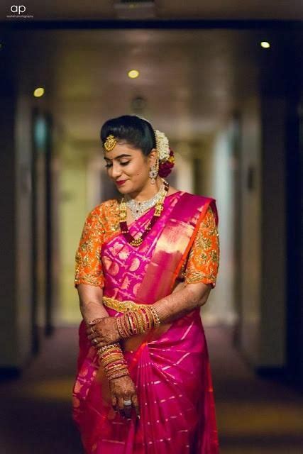 pink wedding saree and orange blouse pink saree silk bridal silk saree saree wedding silk