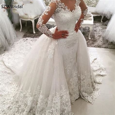 Luxury Lace Long Sleeve Mermaid Wedding Dress 2019 Detachable Skirt