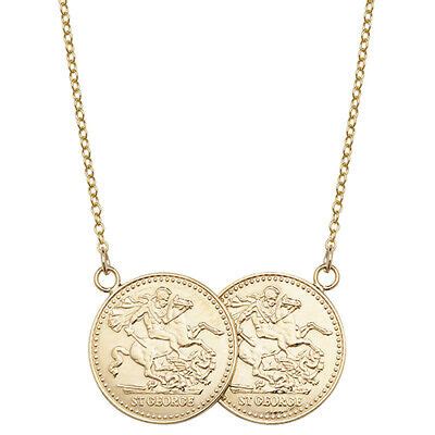 Solid Real 9ct Gold St George Double Half Sovereign Coin Necklace Gift