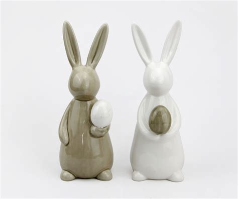 Ceramic Rabbit Bunny Figurine Ornament,Bunny Holding Grey Egg For
