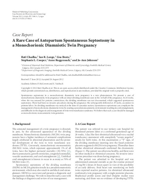 Pdf A Rare Case Of Antepartum Spontaneous Septostomy In A Monochorionic Diamniotic Twin