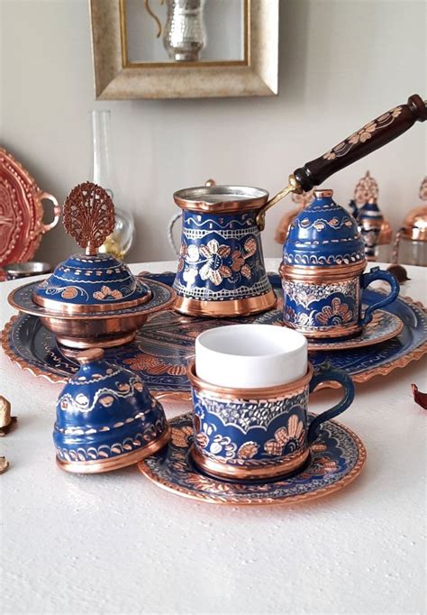 Turkish Coffee Set Copper Coffee Cup Set Blue Copper Serving Etsy