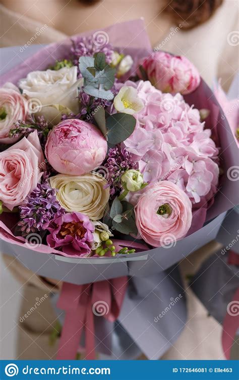 Spring Pink Pastel Bouquet With Roses And Hydrangea Stock Image Image