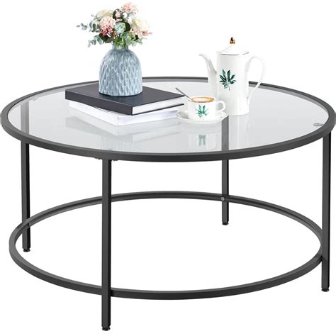 Easyfashion Round Glass Top Coffee Table Metal Framed End Table Black