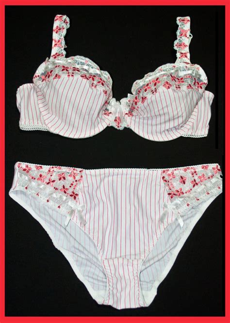 White Red Stripe Semi Sheer Lace Non Padded Bra Panties Set 14d 16d