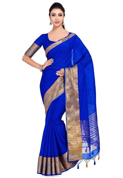 kanchipuram linen saree in royal blue snga877