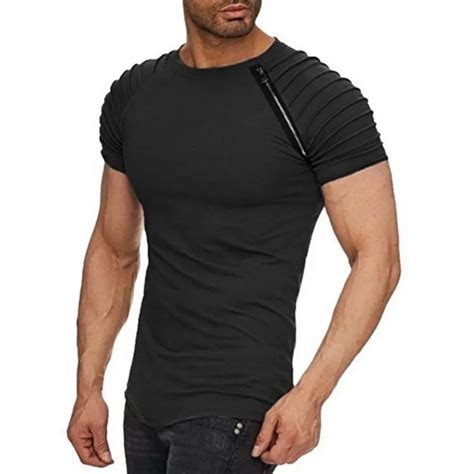 Calofe Zipper Men T Shirt Striped Pleated Sleeve Irregular Shoulder