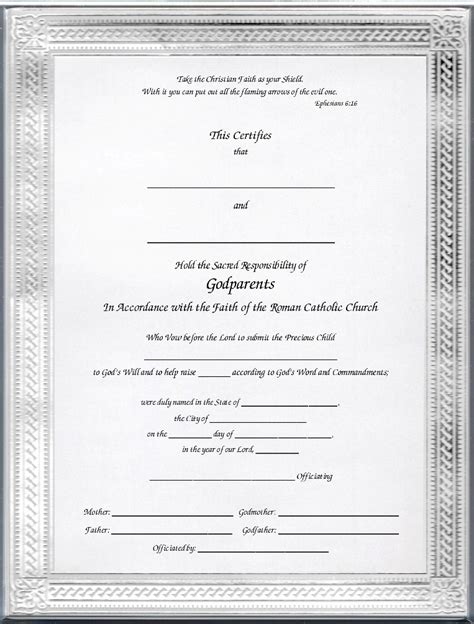 Keepsake Catholic Godparent 85 X 11 Inch Certificate Silver Elite
