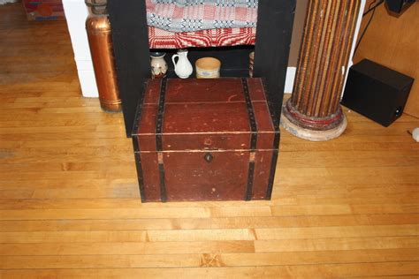 Antique 1800s Wood Trunk Immigrant Chest Red Paint Handmade Hardware