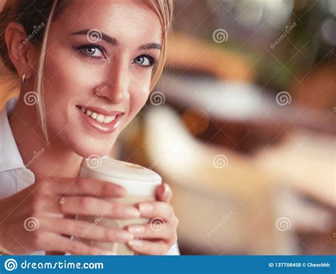 Lifestyle And People Concept Beautiful Girl With Cup Of Coffee Stock