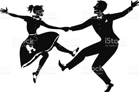 Black Vector Silhouette Of A Couple Dressed In 1950s Fashion Dancing