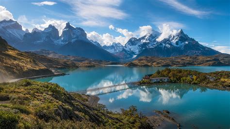 Torres Del Paine Patagonia Chile Mountain Lake Shrubs Road Snowy