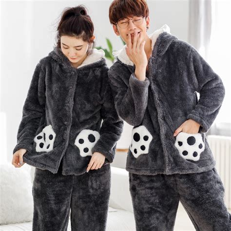 warm winter flannel couple pajamas set zipper hooded thicke lover pajamas footprints pocket
