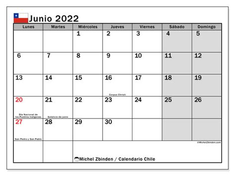 Calendarios Junio 2022 “días Feriados” Michel Zbinden Es