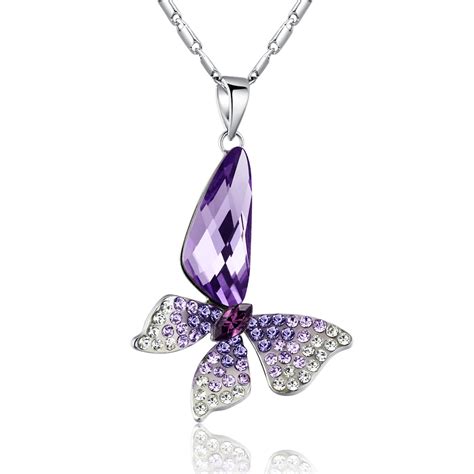Butterfly Wing Drop Swarovski Elements Crystal Pendant Necklace Purple
