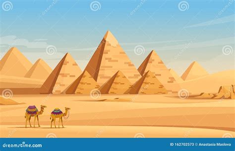 Giza Egyptian Pyramids Desert Landscape With Camels Flat Vector