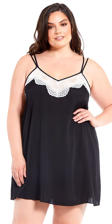 Plus Size Black And White Satin Lace Chemise Sexy Womens