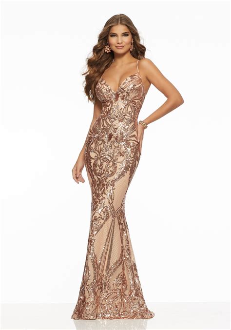 Patterned Sequin On Net Morilee Form Fitting Prom Dresses Fitted