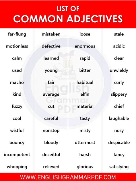 A List Of Adjectives Common Adjectives List English Grammar Pdf