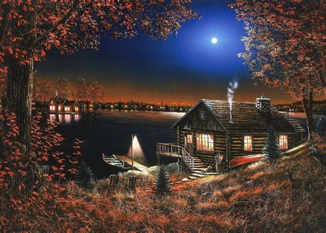 Full Moon Boat Cabin Cottage Forest Full Moon Lake Moon Night