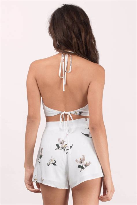 Floral Interest Shorts In White Multi Crop Tops Halter Crop Top