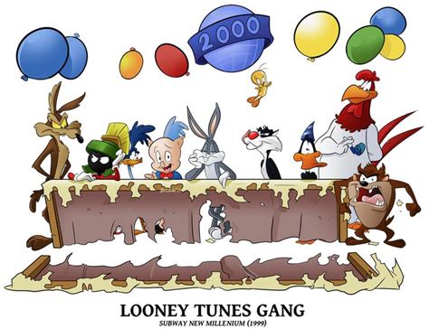 An Image Of Cartoon Characters In The Middle Of A Table With Balloons