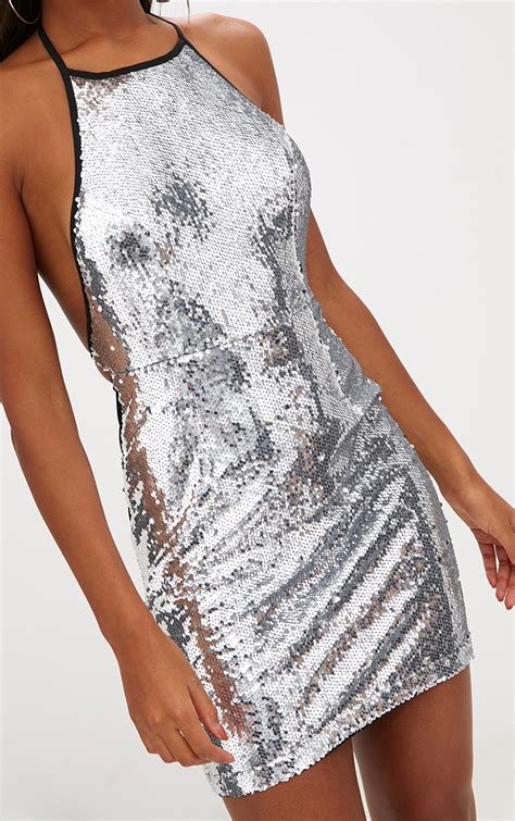 Silver Sequin Front Bodycon Dress Dresses Prettylittlething