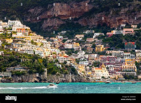 Cliff Side Buildings By Sea Positano Amalfi Coast Italy Stock Photo
