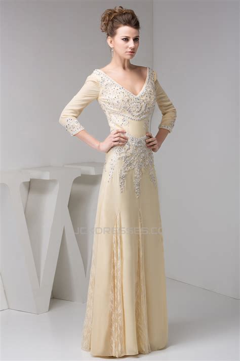 A Line 3 4 Sleeves Lace Chiffon Beaded Applique Long Mother Of The