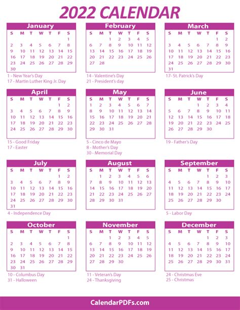2022 Printable Yearly Holiday Calendar On One Page Download And Print