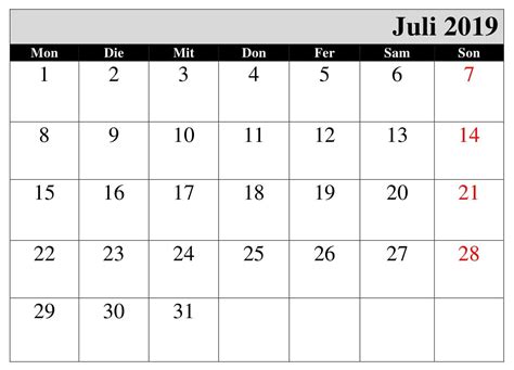 Frei Kalender Juli 2019 Mit Feiertagen Calendar 2019 Printable Free