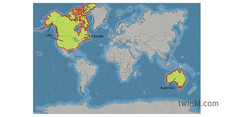 World Map With Usa Canada And Australia Highlighted Year 5 Hass Geography