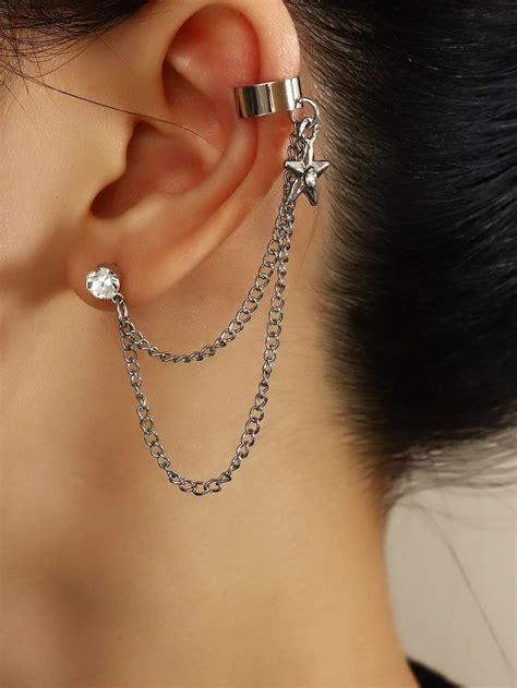 Rhinestone Star Decor Chain Ear Cuff 1pc Edgy Jewelry Jewelry