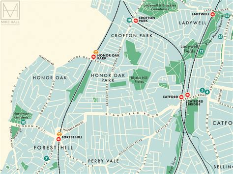Lewisham London Borough Retro Map Giclee Print Mike Hall Maps