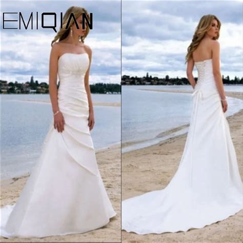 Strapless Satin Beach Wedding Dresses Crystal Backless Simple Wedding