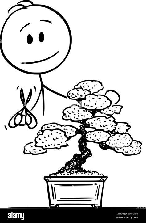 Vector Cartoon Stick Figure Drawing Conceptual Illustration Of Man Pruning Bonsai Tree Stock