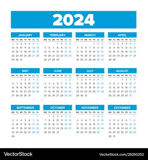 Simple Calendar 2024 Weeks Start On Monday Vector Image Monday 2024