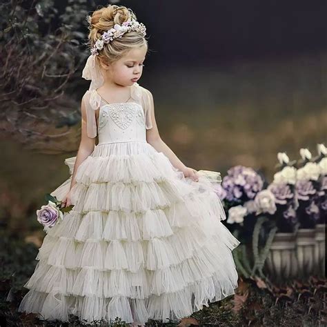 Ivory Flower Girl Dress Ruffles Tulle Long Princess Pageant Formal