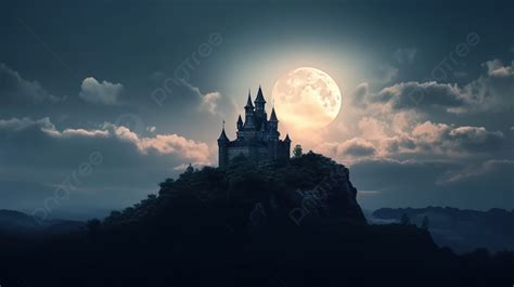 Castle Is Over A Hill With A Full Moon Background 3d Rendering Fantasy