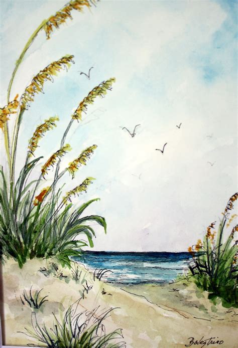 Ocean Landscape Art Sea Oats Dunes Original Watercolor And Etsy