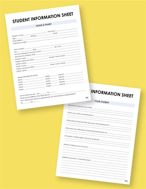 Student Information Sheets 10 Free Printables Printabulls