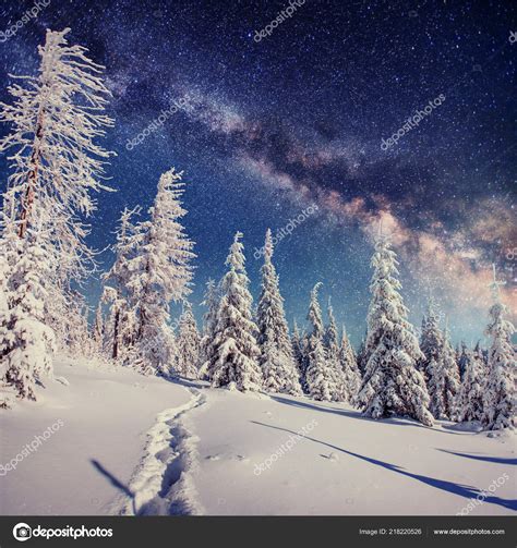 Starry Sky Winter Snowy Night Fantastic Milky Way New Year — Stock