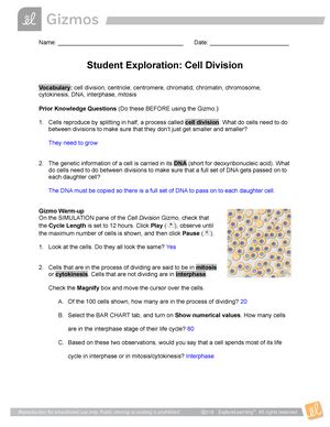 Cell division, centriole, centromere, chromatid, chromatin, chromosome, cytokinesis, dna, interphase, mitosis prior knowledge questions (do these before using the gizmo.) [note: Cell Division Gizmo Answer Key Activity A : 2 / All books are in clear copy here, and all files ...